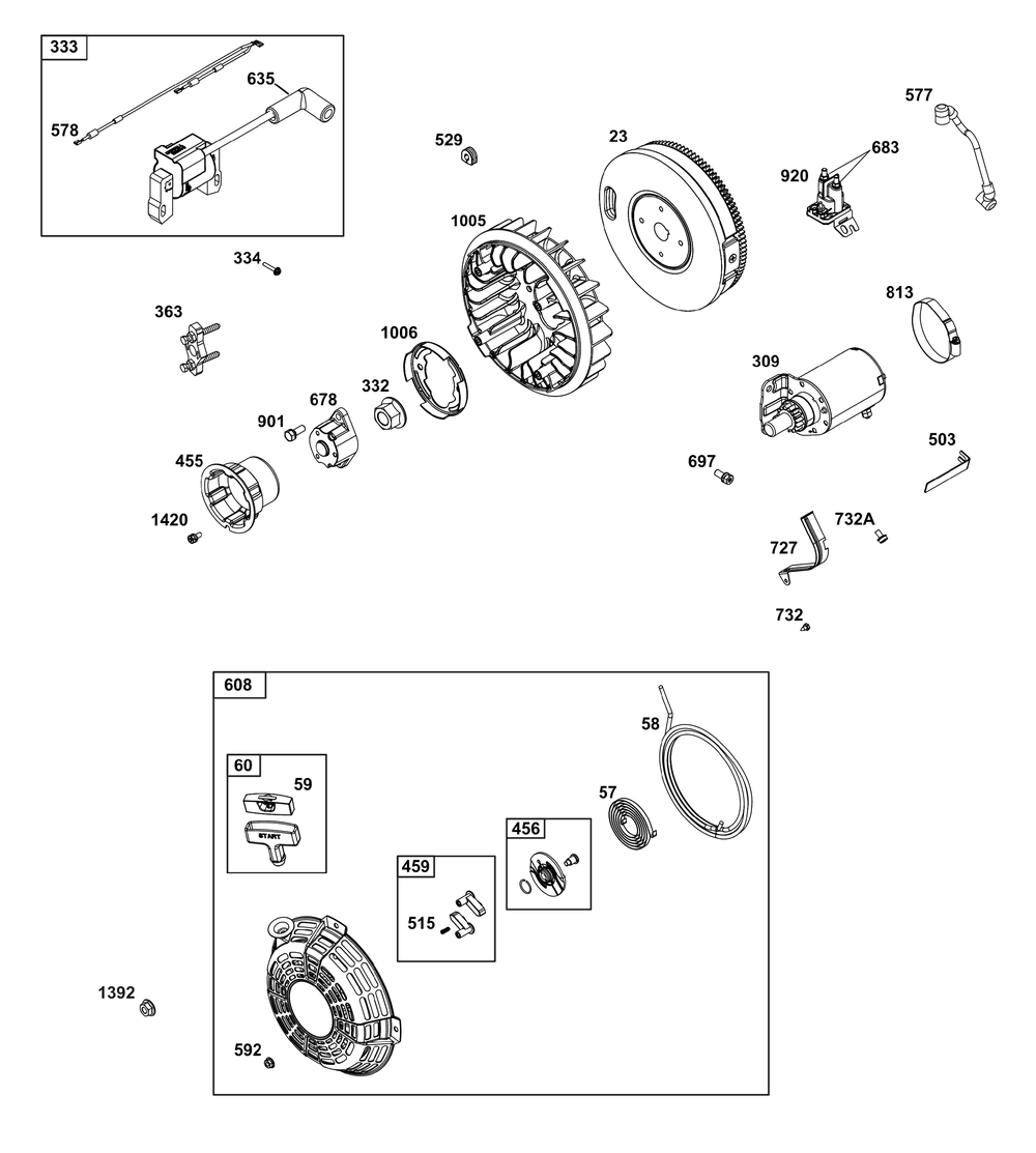 Flywheel, Ignition, And Starter Group Diagram and Parts List for 386447-0439-G1 200000 - 399999 Briggs and Stratton Engine